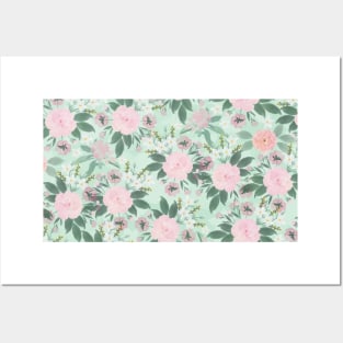 Elegant Green Pink Floral Watercolor Painting Posters and Art